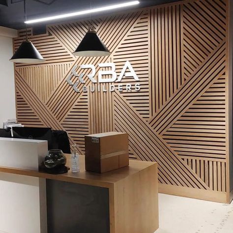 Urban Wall Design on Instagram: "Loving the wall we did for @rbabuildersinc Designer: @carlyledesignstudio Wall: @urbanwalldesign" Wooden Wall Design, Office Wall Design, Wood Wall Design, Urban Wall, Wood Office, Wood Interior Design, Wood Accent Wall, Logo Wall, Office Walls