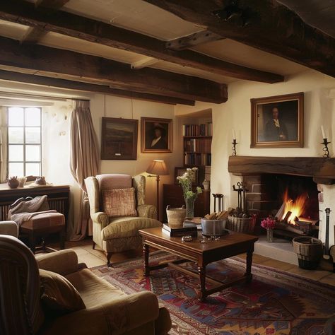 Old Cottage Interior Living Room, 1940s English Cottage, Inglenook Fireplace Cottage, Old English Cottage Living Room, English Homes Interiors Country Cottages, English Countryside Home Decor, Cottage Living Room With Tv, Vintage Cabin Living Room, Small English Cottage Interior