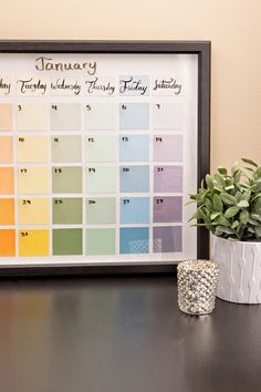 Paint Sample Calendar, Paint Swatch Calendar, Paint Swatch Crafts, Calendar Design Ideas Creative, Diy Calendar Wall, Chip Wall, Chinese Desk, Paint Swatch Art, Paint Chip Calendar