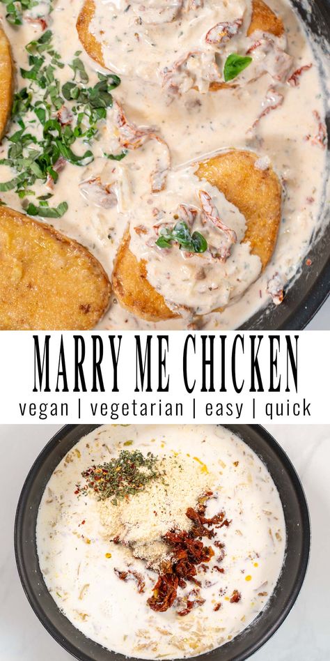 Vegetarian Marry Me Chicken, Daring Vegan Chicken Recipes, Vegan Marry Me Chicken, Vegan Chicken Parmesan, Vegan Fancy Dinner, Fancy Vegan Dinner, Creamy Sun Dried Tomato Sauce, Chicken Filets, Vegan Casseroles