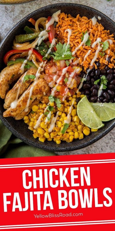 Chicken Fajitas Bowl, Fajita Bowl Recipe, Healthy Substitutes, Rice Bowls Healthy, Chicken Fajita Bowl, Chicken Peppers, Beans And Corn, Healthy Bowls Recipes, Fajita Bowls