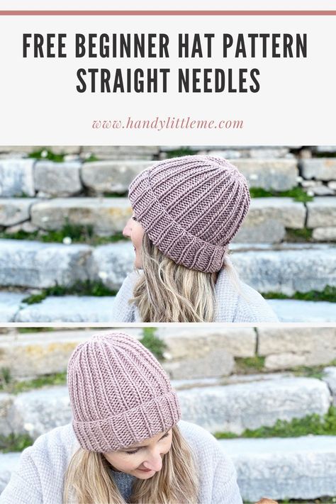 Easy Knit Hat Straight Needles, Beginner Knitting Projects Hats, Beginner Knitting Patterns Hats, Free Ribbed Hat Knitting Pattern, Straight Needles Knitting Patterns, Flat Needle Knitting Patterns, Easiest Knit Hat Pattern, Knit Beanie Straight Needles, Flat Knitting Hat Patterns Free