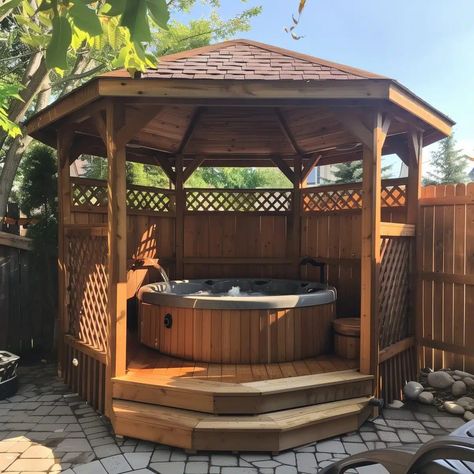 Inflatable Hot Tub Gazebo Ideas, Inflatable Hot Tub Ideas Backyard, Hot Tub Privacy Ideas, Corner Gazebo, Iron Gazebo, Hot Tub Shelters, Round Gazebo, Hot Tub Privacy, Round Hot Tub