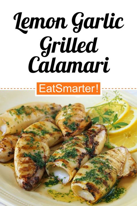 Gesunder Mittelmeergenuss: Lemon Garlic Grilled Calamari - few calories - quick recipe - simple dish - So healthy is the recipe: 76.0/10 | A recipe idea by EAT SMARTER | grilled, grilling, Herb, Seafood, Sauce, low-carb, Low-calorie, Low-sugar #octopus #healthyrecipes Squid Grilled Recipes, Bbq Squid Grilled Calamari, Healthy Calamari Recipes, Italian Calamari Recipes, Grilled Squid Recipes, Grilled Calamari Recipes, Calamari Steak Recipe, Surf And Turf Recipes, Cooking Calamari