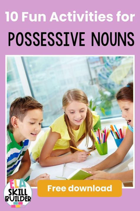 Teaching possessive nouns can be tricky! So, grab these 10 fun activities for teaching possessive nouns in grades 1-5! Also get a free 10-minute daily grammar routine! Teaching Possessive Nouns, Possessive Nouns Activities, Nouns For Kids, Singular Possessive Nouns, Elementary Grammar, 5th Grade Grammar, Nouns Lesson, Nouns Grammar, 2nd Grade Grammar