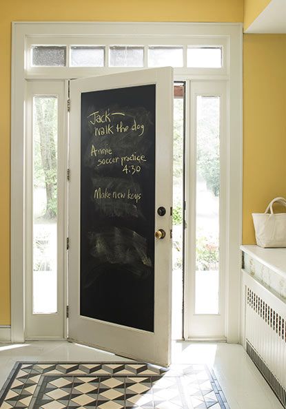 A chalkboard door in a yellow entryway provides a way for families to leave notes for one another. Yellow Entryway, Chalkboard Walls, Chalkboard Wall Bedroom, Chalkboard Door, Walls Ideas, Paint Palettes, Traditional Holiday Decor, Colors Inspiration, Entry Ways