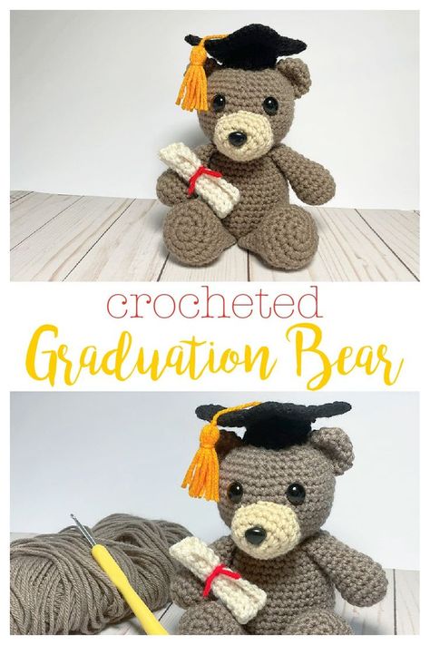 This cute crocheted bear sits about 7" tall and has a graduation cap and a diploma. The head and body are crocheted in one piece, the other pieces are made separately and sewn on. Customize the tassel and ribbon to match your grad's colors. Crochet Ideas For Graduation, Crochet Graduation Bear Free Pattern, Crochet Mini Graduation Cap, Graduation Hat Crochet Free Pattern, Graduation Cap Crochet Pattern, Crochet Graduation Cap Free Pattern, Graduation Hat Crochet, Crochet Graduation Bear, Graduation Crochet Pattern Free