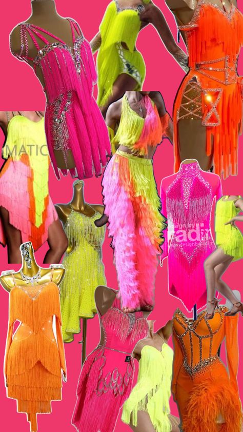 Neon pink, orange and yellow ballroom dance dresses Latin/rhythm Ballroom Dancing Dresses Latin, Ballroom Dance Latin, Latin Ballroom, Ballroom Dance Dresses, Latin Dance Dresses, Orange And Yellow, Ballroom Dance, Dance Dresses, Ballroom