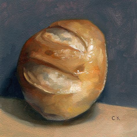 Bread Roll, 4" x 4", oils on paper. Buy at ckornacki.etsy.com. In 2015, I started a weekly food painting initiative. Every Monday, I create a small, 4" oil paintings from life. Oil Still Life, Bread Oil, Dinner Roll, Studying Food, Home Painting, Master's Degree, Bread Roll, Food Painting, Still Life Oil Painting