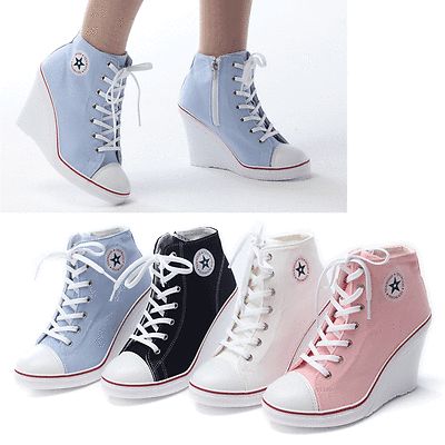 Sneaker High Heels, Hak Tinggi, High Heel Sneakers, Shoes Canvas, Girly Shoes, Wedge Ankle Boots, Canvas Shoes Women, Womens Shoes High Heels, Shoes With Jeans