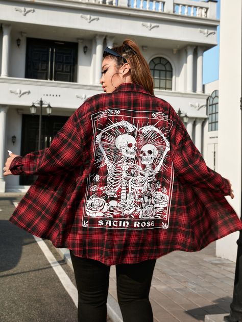 Plus Size Tomboy Fashion, Plus Size Alternative Outfits, Enby Style, Ftm Outfits, Alternative Fashion Plus Size, Red Flannel Shirt, Drop Shoulder Shirt, Patches Fashion, Skeleton Print