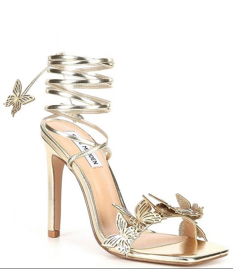 Gold Butterfly Shoes, Gold Heels Butterfly, Steve Madden Butterfly Heels, Butterfly Shoes High Heels, Enchanted Prom, Gold Prom Shoes, Homecoming Heels, Butterfly Dresses, Metallic Butterfly