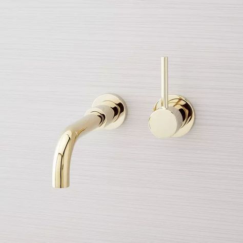 Lexia Wall-Mount Bathroom Faucet - Polished Brass, Signature Hardware Bathroom, Wall Mount Kitchen Faucet, Above Sink, Brass Shower Head, Wall Faucet, Wall Mount Faucet Bathroom, Bathroom Installation, Vanity Faucet, Wall Mount Faucet