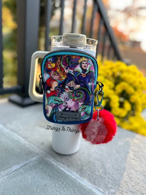 Tumbler Pouch Diy, Mug Pouch, Purse Tumbler, Custom Drink Pouches, Embellished Multicolor Pouch Bag, Vinyl Exterior, Pom Pom Keychain, Disney Print, Halloween Bags