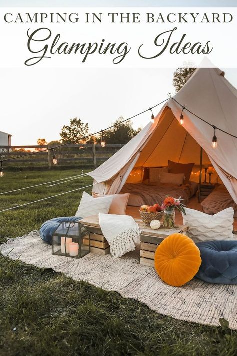 Backyard camping is a great activity for the whole family to enjoy. It's a fun and simple way to spend time together. To read more about backyard camping ideas, or as I like to call it glamping, visit Sugar Maple Farmhouse. Camping In The Backyard, Bell Tent Interior, Homes Design Ideas, Glamping Inspiration, Bell Tent Glamping, Tent With Stove, Yurt Camping, Glam Camping, Glamping Ideas