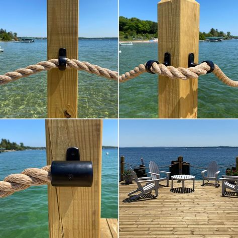 Nautical Rope Railing, Dock Rope Railing, Rope Fence Ideas Deck Railings, Decking With Rope Railing, Rope Railings For Deck, Rope Deck Railing Ideas, Rope Fence Ideas, Rope Deck Railing, Nautical Rope Fence