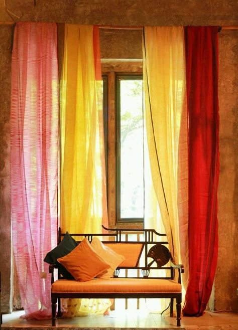 Anavila sarees displayed at Bungalow 8 Saree Curtains Ideas, Bohemian Dining Rooms, Saree Curtains, Saree Display, Bollywood Decor, Sari Curtains, Blue Home Offices, Fancy Curtains, Bedroom Yellow