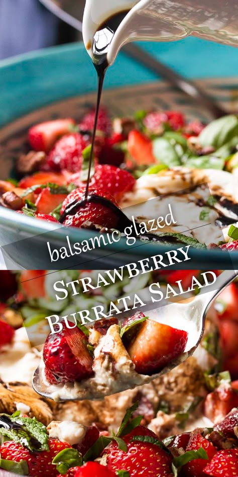 Buratta Recipe, Grilled Strawberries, Honey Balsamic Glaze, Burrata Recipe, Strawberry Chicken Salad, Gourmet Salad, Burrata Salad, Mint Salad, Honey Balsamic