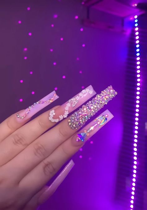 Pink Long Nails With Diamonds, Long Nails With Diamonds, Lilith Nails, Pink And Yellow Nails, Pink Long Nails, Baby Pink Nails Acrylic, Fishnet Gloves, Glamour Nails, White Acrylic Nails