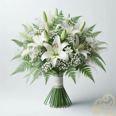 https://card9.com/ai/white-lily-wedding-bouquet Green Wedding Decorations, Table Flower Arrangements, Eucalyptus Bouquet, Lily Wedding, Table Flower, Bridal Bouquet Flowers, Lily Bouquet, Oahu Wedding, Stargazer Lily