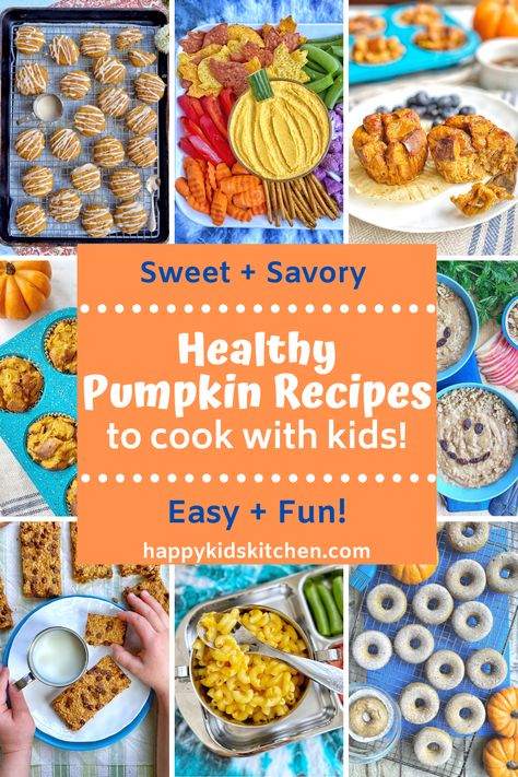 Pumpkin recipes for breakfast, snack, dinner, and dessert! Healthy ideas for recipes to cook with kids. Use up the canned pumpkin and make something together to enjoy. #healthypumpkinrecipes #pumpkinspice #pumpkinrecipes #cookingwithkids Pumpkin Recipes For Kids, Recipes To Cook With Kids, Healthy Pumpkin Recipes, Pumpkin Breakfast Recipes, Snack Dinner, Vegetarian Kids, Baking Recipes For Kids, Pumpkin Breakfast, Pumpkin Recipes Healthy