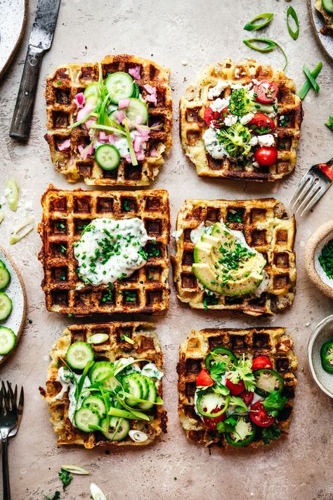 Savory mashed potato waffles: the brunch recipe you didn't know you needed! These crispy, fluffy, cheesy, savory waffles are vegan, gluten free and perfectly for loading up with your favorite toppings. Great for entertaining or a holiday brunch! #savorywaffles #mashedpotatowaffles #waffles #veganwaffles #glutenfree #veganbrunch #veganbreakfast #brunchrecipes #entertaining #brunchforacrowd #veganrecipes #vegetarian #foodphotography | crowdedkitchen.com Savory Waffle Toppings, Waffle Brunch Ideas, Mashed Potato Waffles, Potato Waffle Recipe, Savory Waffle Recipe, Crowded Kitchen, Potato Waffles, Vegan Waffles, Savory Waffles