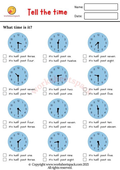 What time is it? Free telling the time worksheets. Clock Learning For Kids, Learning Time Clock, Clock Worksheets, Teaching Clock, Learning Clock, Telling Time Worksheets, English Activities For Kids, Time Worksheets, English Grammar Worksheets