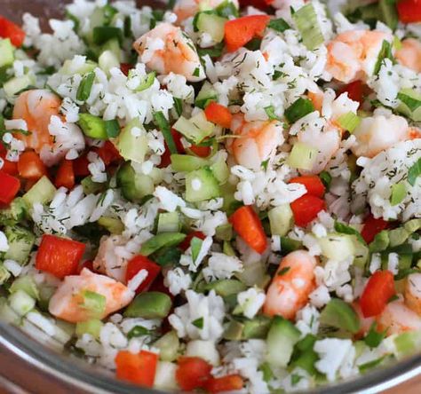 Shrimp and Rice Salad | Mother Would Know Shrimp And Rice Salad, Cold Rice Salad Recipes, Rice Salad Cold, Cauliflower Rice Salad, Salad With Shrimp, Shrimp And Rice Recipes, Friends Dance, Seafood Salad Pasta, Rice Salad Recipes