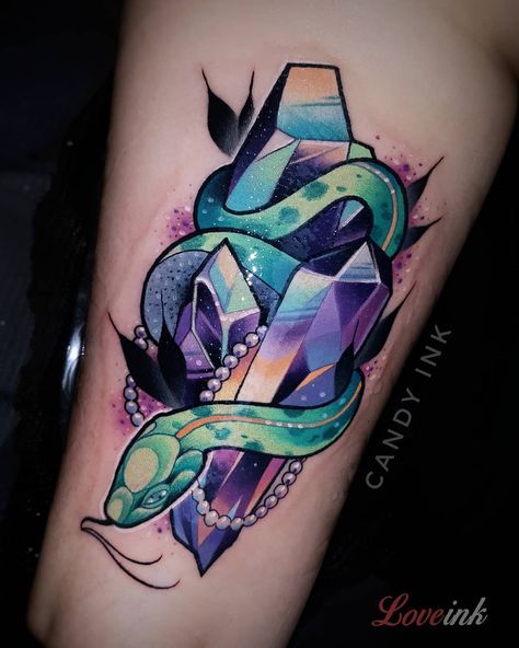 Tattoo artist Laura Konieczna, color authors style neo-traditonal tattoo | Poland Traditonal Tattoo, Snake Tattoo Meaning, Gotik Tattoo, Gem Tattoo, Jewel Tattoo, Crystal Tattoo, Kunst Tattoos, Halloween Tattoo, Tatuaje A Color