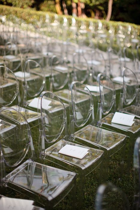 The transparent nature of the lucidite chair works fabulously for the outdoor ceremony Wedding Ceremony Chairs, Seating Arrangement Wedding, Clear Chairs, Ceremony Chairs, Ghost Chairs, Wedding Chairs, Wedding Ceremony Decorations, Wedding Seating, On The Ground