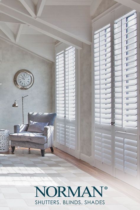 Window Treatments For Large Windows, Norman Shutters, Indoor Shutters, Shutter Blinds, Tall Windows, Beach House Kitchens, Wood Composite, Wood Shutters, Custom Drapery