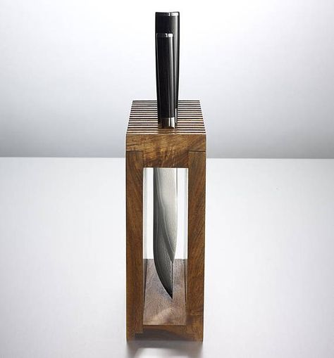 The original solid walnut knife block for up to 16 knives with blades up to 9.75 inches long. This is a sturdy design with bold lines and finished with a food safe finish. The dimensions are 3 1/2 inches wide, 8 3/16 inches deep and 9 3/4 inches tall. Made with love in Venice Beach,