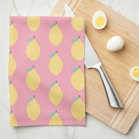 Girly Kitchen, Lemon Pattern, Lemon Kitchen, Lemon Patterns, Pink Lemon, Linen Kitchen Towels, Pink Kitchen, Towel Sizes, Pastel Yellow