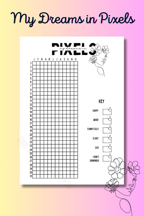 Bullet Journal - A5 My Dreams in Pixels Printable -Bujo Jurnal Bullet Ideas, Dream Tracker, Bullet Journal Ideas Templates, Bullet Journal Mood Tracker Ideas, Bullet Journal Paper, Bulletin Journal Ideas, Bullet Journal Tracker, Bullet Journal Printables, Bullet Journal Mood