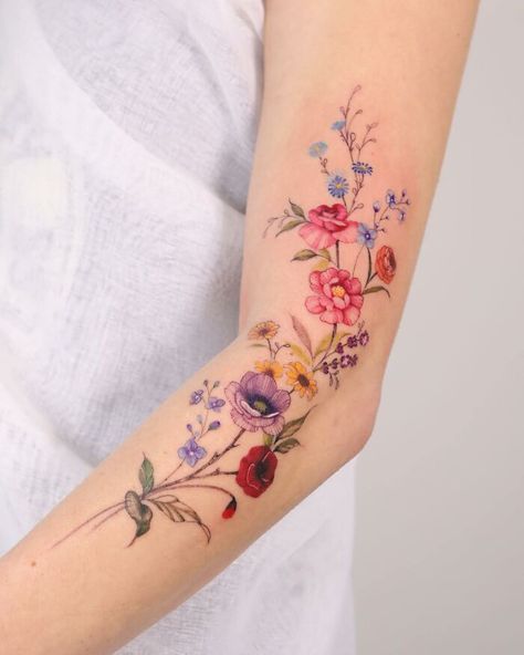 Grandkids Tattoos, Magpie Tattoo, Wrap Around Tattoo, Colorful Tattoo, Flower Wrist Tattoos, Wildflower Tattoo, Floral Tattoos, Tattoos For Women Flowers, Flower Tattoo Arm