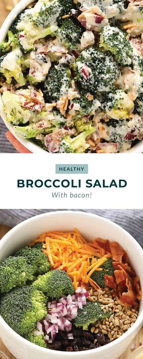 This broccoli salad is made with broccoli, sunflower seeds, cheddar cheese, raisins, and a creamy sauce. Enjoy at your next BBQ. Broccoli Pasta Salad, Broccoli Salad With Bacon, Broccoli Pasta Salads, Healthy Broccoli Salad, Greek Yogurt Sauce, Broccoli Salad Bacon, Broccoli Salad Recipe, Bacon Salad, Summer Picnics