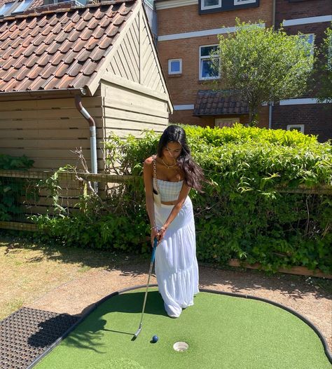 @wafaahemade long white maxi skirt, cute summer outfits, minigolf, danish summer, dansk sommer, date ideas, golf Minigolf Outfit, Long White Maxi Skirt, Danish Summer, White Maxi Skirt, Golf Skirt, Date Ideas, Golf Skirts, Mini Golf, Summer Fits