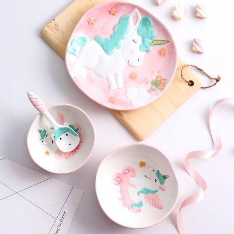 Ceramic Cutlery, Ceramic Dinnerware Set, Dinner Bowls, Breakfast Cups, Unicorn Pattern, Colorful Ceramics, Ceramic Dinnerware, Unicorn Design, Ceramic Set