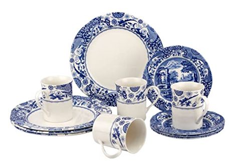 Spode Blue Italian Brocato 12 Piece Dinnerware Set | Service for 4 | Dinner Plate, Salad Plate, and Mug | Made of Fine Earthenware | Microwave and Dishwasher Safe Italian Dinner Plates, Dinner Sets Dinnerware, First Home Essentials, Blue And White Table Setting, White Table Setting, Spode Blue Italian, Italian Accessories, Metal Windmill, Plates And Bowls Set