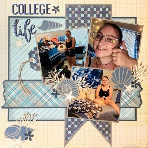 College scrapbook layout inspired by@christysbeautifullife 30 Days of Sketches Series 8 Day 5 combined with the Scraptember challenge of using a themed collection for a non-themed layout. College Scrapbook, Baby Labels, Friend Scrapbook, 12x12 Scrapbook Layouts, Creative Memories Scrapbooking, 12x12 Scrapbook, Creative Memories, Scrapbook Layout, College Life