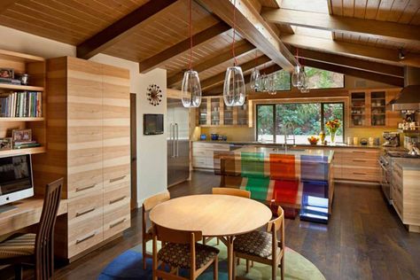 Dark wood floors with light cabinetry.,  Mid-Century Modern Ranch in Sullivan Canyon Hickory Doors, Mid Century Modern Ranch, Top Cabinets, Hickory Kitchen Cabinets, Wood Floor Colors, Ranch House Remodel, Modern Ranch House, Hickory Cabinets, Mid Century Ranch