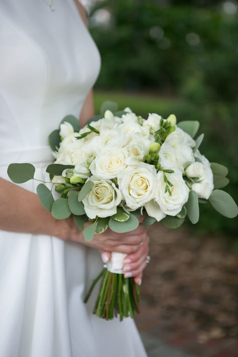 Rose And Freesia Wedding Bouquet, White Bouquet Wedding Simple, White Roses Bridal Bouquet With Greenery, White Bouquet With Eucalyptus, Just White Roses Bouquet, Wedding Bouquet White Roses Eucalyptus, White Roses And Eucalyptus Wedding, Bridal Bouquet White Roses Eucalyptus, White Roses With Eucalyptus Bouquet