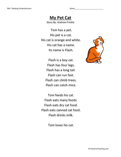 This Reading Comprehension Worksheet - My Pet Cat is for teaching reading… Teaching Reading Comprehension, Teach Reading, Preschool Reading, Have Fun Teaching, Cat Reading, Reading Comprehension Skills, 2nd Grade Reading, Reading Comprehension Passages, Comprehension Passage