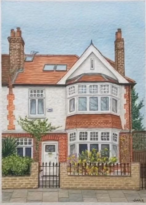 Watercolor Of House, Acrylic And Watercolor Painting, Building Painting Ideas, Watercolor House Painting Simple, Watercolor Buildings Easy, Watercolour House Painting, Paintings Of Houses, Painting Of House, House Watercolor Painting