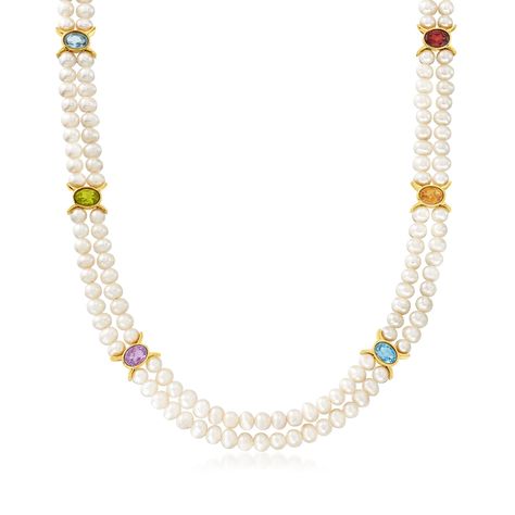 (Sponsored) 4.5-5.5mm Cultured Pearl 2-Strand Necklace With 4.80 ct. t.w. Multi-Gemstones in 18kt Gold Over Sterling Pearl necklace set Garnet Birthstone, Pearl Necklace Designs, Pearl Necklace Set, White Pearl Necklace, Peridot Stone, Natural Gold, Freshwater Cultured Pearls, Elegant Necklaces, Fine Jewellery Necklace