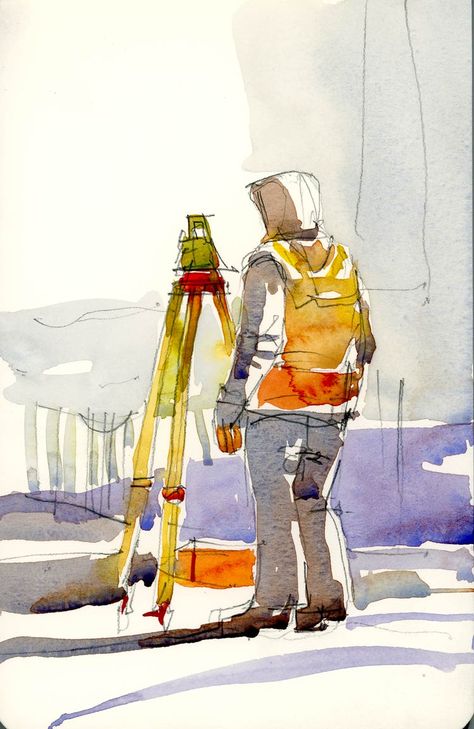 Surveyor  The Sketchbook by Shari Blaukopf Shari Blaukopf, Surveying Engineering, Land Surveyors, The Sketchbook, Land Surveying, Sketches Of People, How To Make Drawing, Painting People, Watercolor Painting Techniques