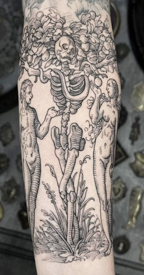 Erebus Tattoo, Medieval Etching Tattoo, Wood Cut Tattoo Style, Etching Tattoo Ideas, Engraved Tattoo Designs, Woodcarving Tattoos, Negative Space Tattoo Sleeve, Etching Tattoo Sleeve, Wood Etching Tattoo