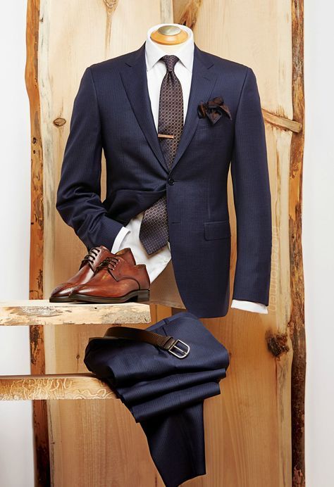 3Navy - Canali shadow stripe suit - Italy Duchamp twill dot french cuff shirt - Portugal Canali silk tie - Italy Eton silk knit pocket square - Italy Liel & Lentz wood tie bar - Toronto Canali embossed belt - Italy Giulio Moretti burnished brogue shoes - Italy Terno Slim, Herren Style, French Cuff Shirts, Navy Suit, Sharp Dressed Man, Men’s Suits, Mens Formal, Suit Style, Mens Fashion Suits