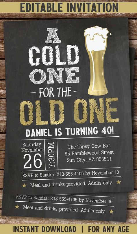 This "Cold One for the Old One" birthday invitation is a fun beer themed invite.
An instant download PDF - you can edit the details yourself, then print locally. Beer Invitation, 50th Birthday Party Ideas For Men, Trendy Invitations, Fishing Birthday Party, 70th Birthday Invitations, 60th Birthday Invitations, 40th Birthday Decorations, Beer Theme, 30th Birthday Invitations