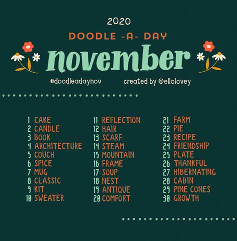 Use this list as your daily drawing inspiration all month long! Post with the hashtag #doodleadaynov Get creative! ✏️ Lettering Prompts, Fun Checklist, Monthly Prompts, Artist Development, Word Prompts, Inktober Prompts, Monthly Celebration, 30 Day Art Challenge, Art Journal Challenge